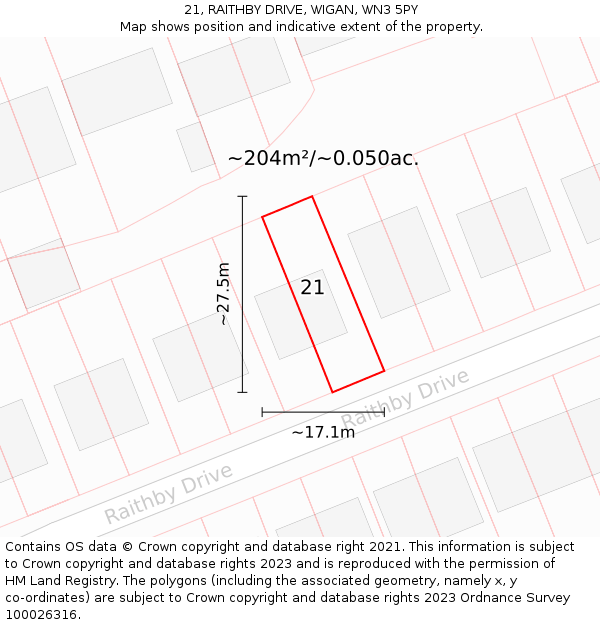 21, RAITHBY DRIVE, WIGAN, WN3 5PY: Plot and title map