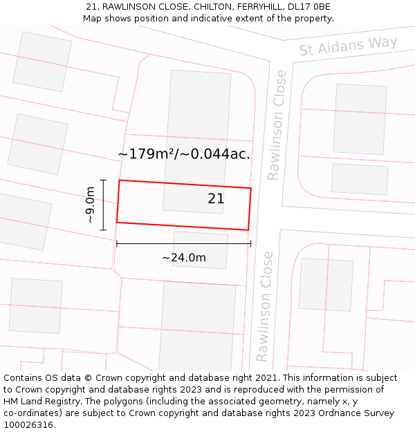 21, RAWLINSON CLOSE, CHILTON, FERRYHILL, DL17 0BE: Plot and title map