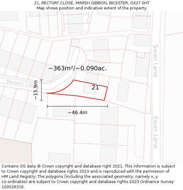 21, RECTORY CLOSE, MARSH GIBBON, BICESTER, OX27 0HT: Plot and title map