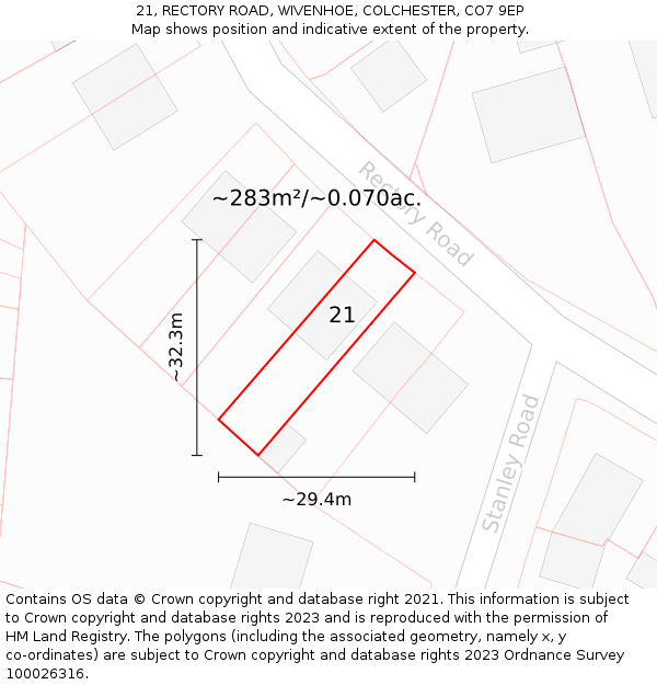 21, RECTORY ROAD, WIVENHOE, COLCHESTER, CO7 9EP: Plot and title map