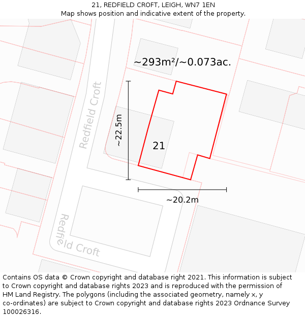 21, REDFIELD CROFT, LEIGH, WN7 1EN: Plot and title map