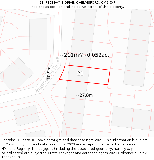 21, REDMAYNE DRIVE, CHELMSFORD, CM2 9XF: Plot and title map