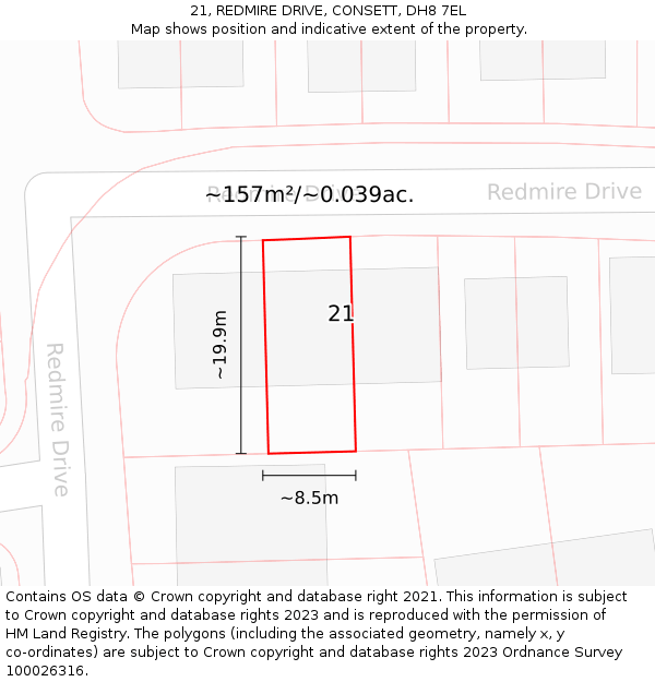 21, REDMIRE DRIVE, CONSETT, DH8 7EL: Plot and title map