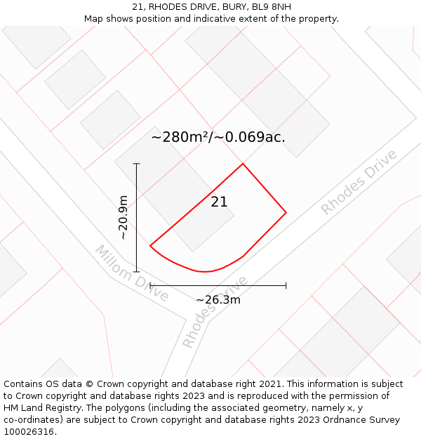 21, RHODES DRIVE, BURY, BL9 8NH: Plot and title map