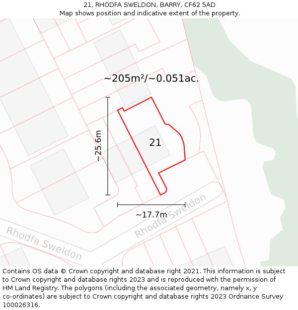 21, RHODFA SWELDON, BARRY, CF62 5AD: Plot and title map