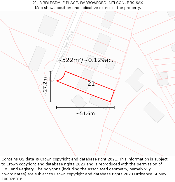 21, RIBBLESDALE PLACE, BARROWFORD, NELSON, BB9 6AX: Plot and title map