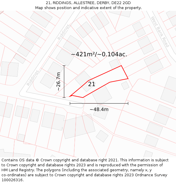 21, RIDDINGS, ALLESTREE, DERBY, DE22 2GD: Plot and title map