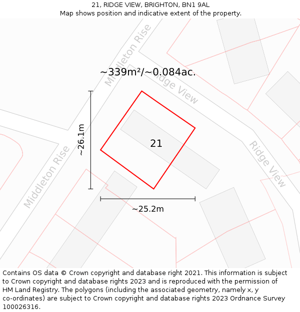 21, RIDGE VIEW, BRIGHTON, BN1 9AL: Plot and title map