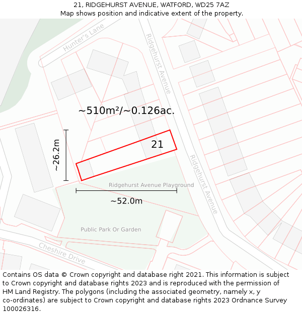 21, RIDGEHURST AVENUE, WATFORD, WD25 7AZ: Plot and title map