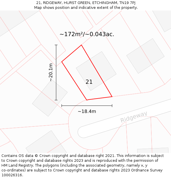 21, RIDGEWAY, HURST GREEN, ETCHINGHAM, TN19 7PJ: Plot and title map