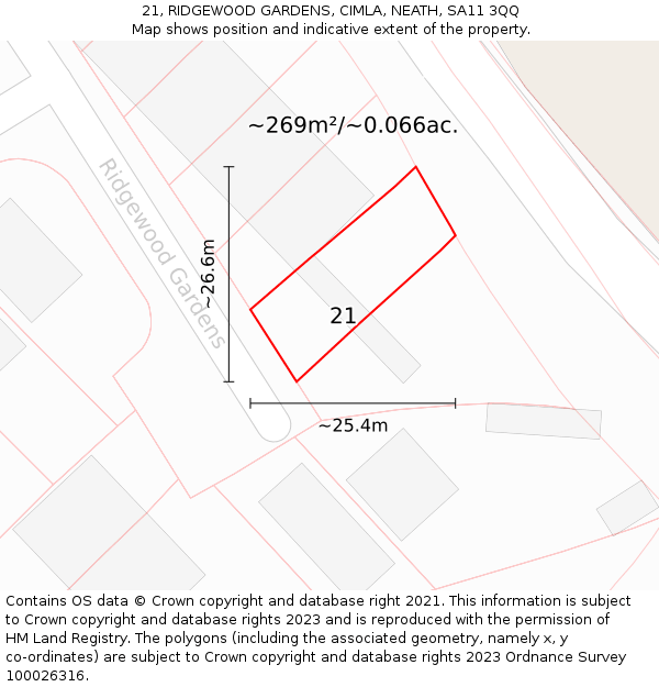 21, RIDGEWOOD GARDENS, CIMLA, NEATH, SA11 3QQ: Plot and title map