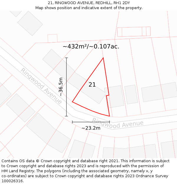 21, RINGWOOD AVENUE, REDHILL, RH1 2DY: Plot and title map