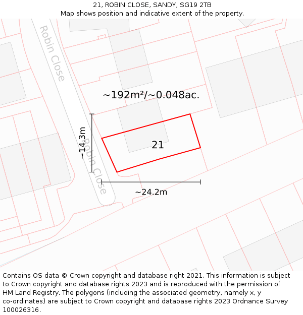 21, ROBIN CLOSE, SANDY, SG19 2TB: Plot and title map