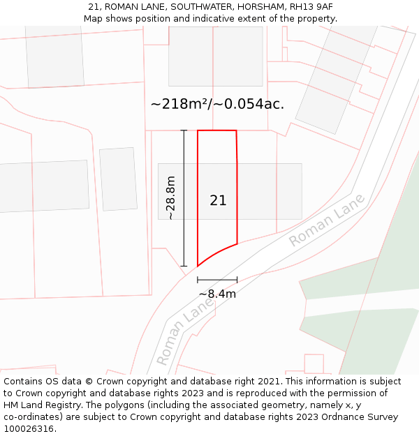 21, ROMAN LANE, SOUTHWATER, HORSHAM, RH13 9AF: Plot and title map