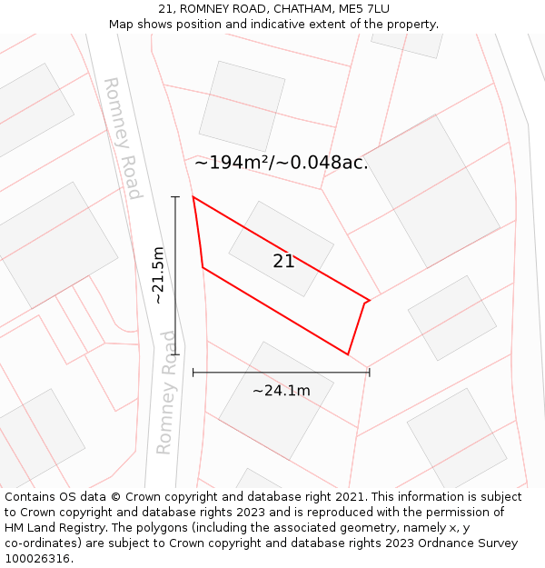 21, ROMNEY ROAD, CHATHAM, ME5 7LU: Plot and title map