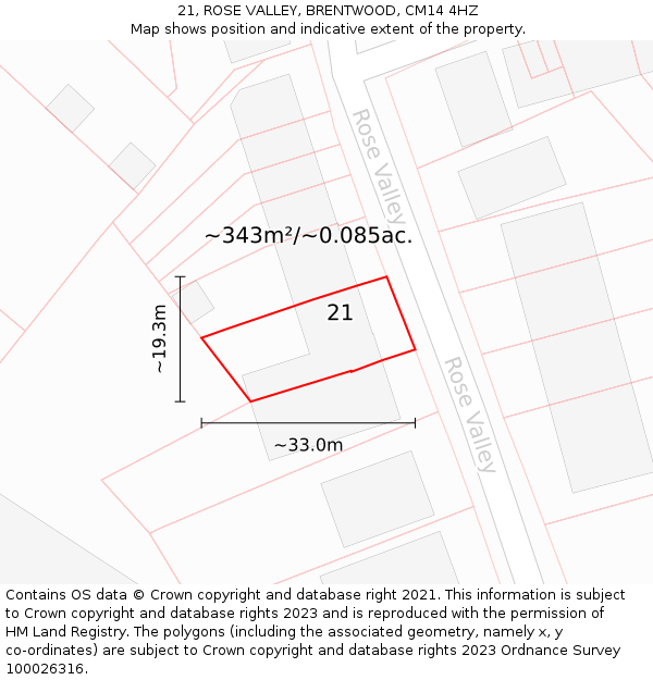 21, ROSE VALLEY, BRENTWOOD, CM14 4HZ: Plot and title map