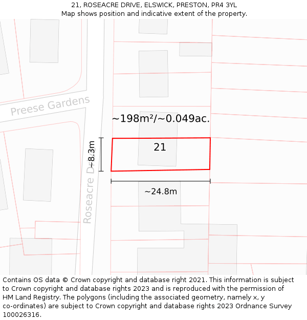 21, ROSEACRE DRIVE, ELSWICK, PRESTON, PR4 3YL: Plot and title map