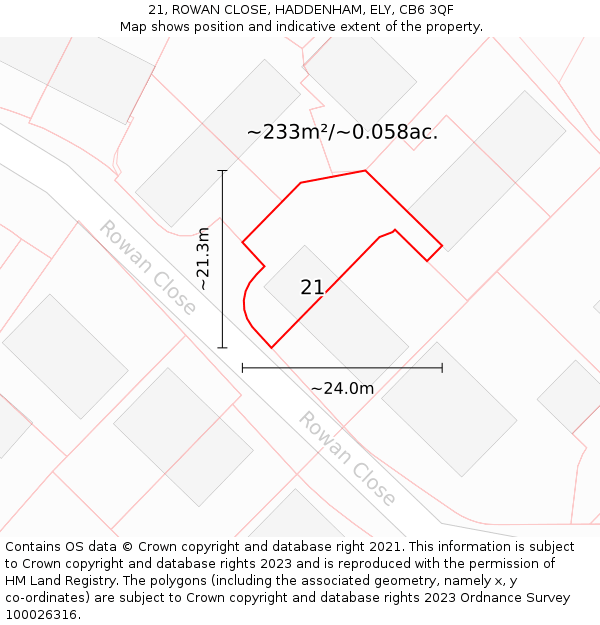 21, ROWAN CLOSE, HADDENHAM, ELY, CB6 3QF: Plot and title map