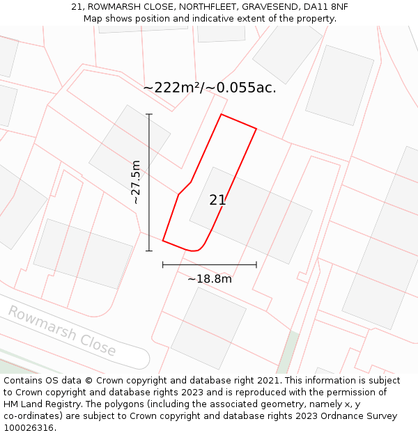 21, ROWMARSH CLOSE, NORTHFLEET, GRAVESEND, DA11 8NF: Plot and title map