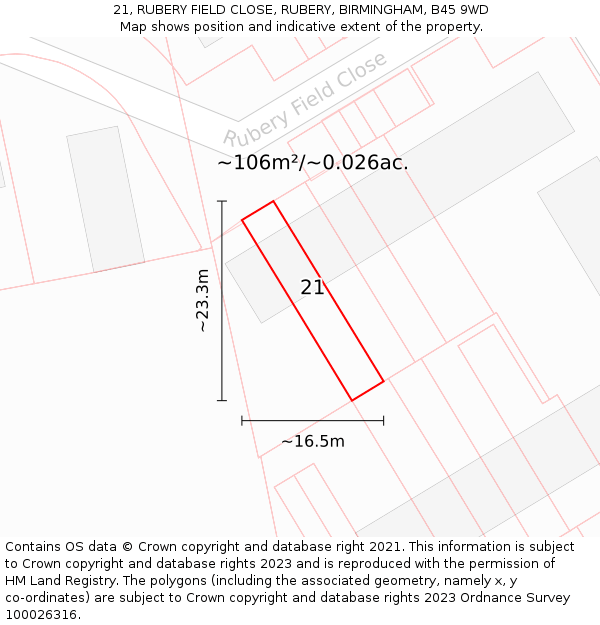 21, RUBERY FIELD CLOSE, RUBERY, BIRMINGHAM, B45 9WD: Plot and title map