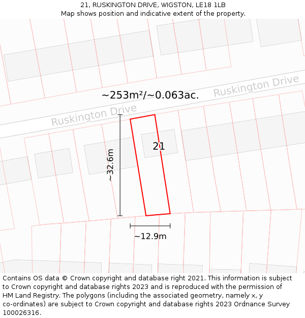 21, RUSKINGTON DRIVE, WIGSTON, LE18 1LB: Plot and title map