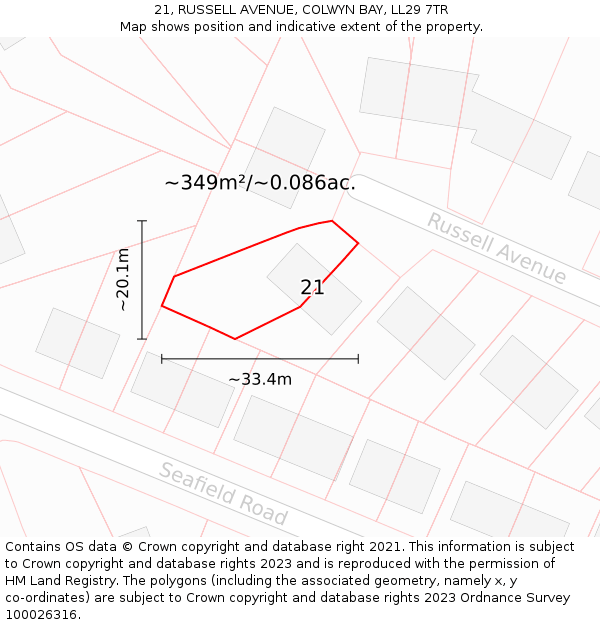 21, RUSSELL AVENUE, COLWYN BAY, LL29 7TR: Plot and title map