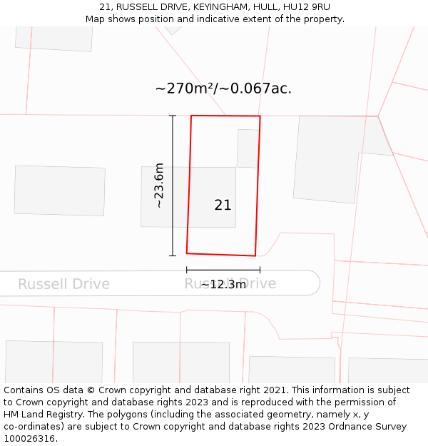 21, RUSSELL DRIVE, KEYINGHAM, HULL, HU12 9RU: Plot and title map