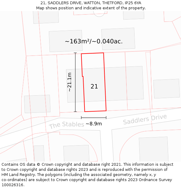 21, SADDLERS DRIVE, WATTON, THETFORD, IP25 6YA: Plot and title map