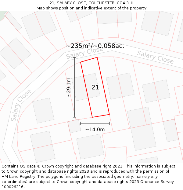 21, SALARY CLOSE, COLCHESTER, CO4 3HL: Plot and title map