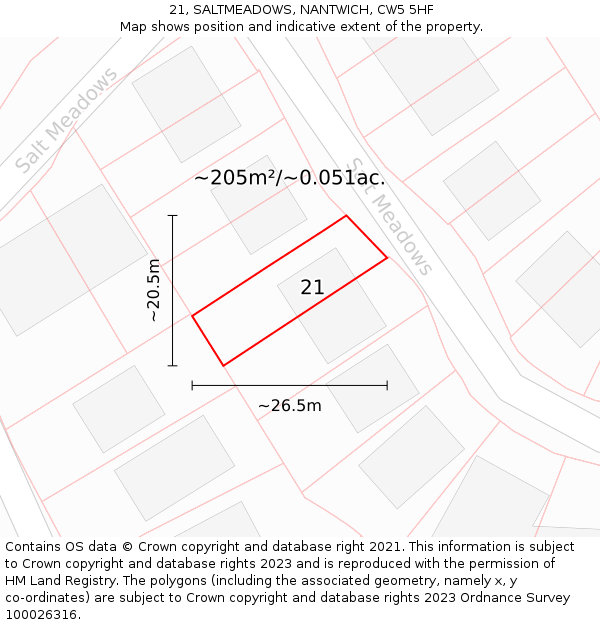 21, SALTMEADOWS, NANTWICH, CW5 5HF: Plot and title map