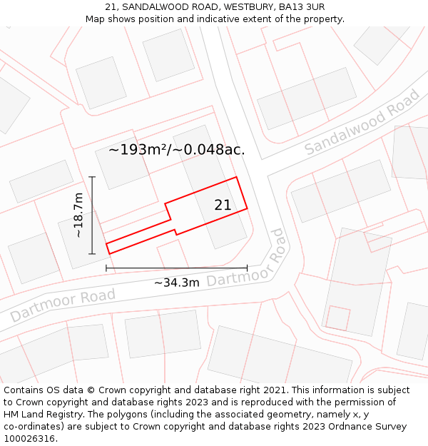 21, SANDALWOOD ROAD, WESTBURY, BA13 3UR: Plot and title map