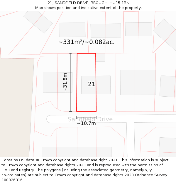 21, SANDFIELD DRIVE, BROUGH, HU15 1BN: Plot and title map