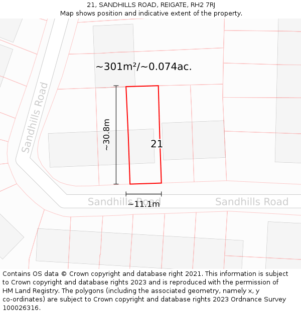 21, SANDHILLS ROAD, REIGATE, RH2 7RJ: Plot and title map