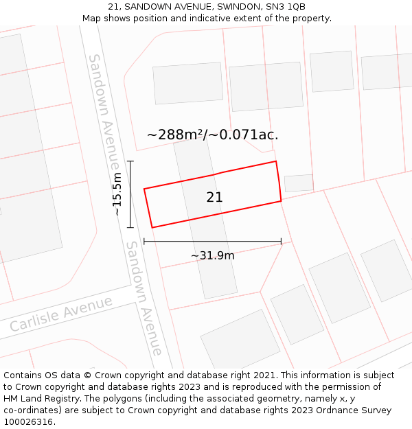 21, SANDOWN AVENUE, SWINDON, SN3 1QB: Plot and title map