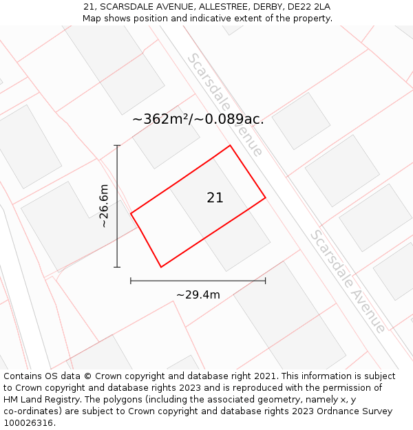 21, SCARSDALE AVENUE, ALLESTREE, DERBY, DE22 2LA: Plot and title map