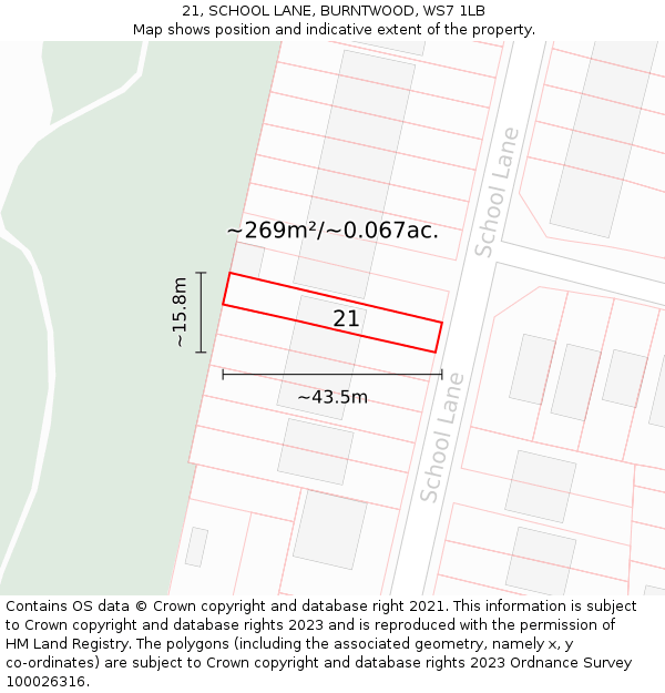 21, SCHOOL LANE, BURNTWOOD, WS7 1LB: Plot and title map