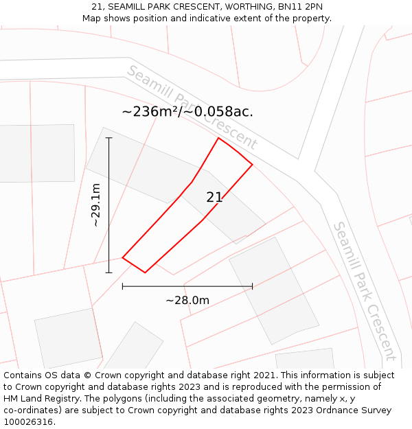 21, SEAMILL PARK CRESCENT, WORTHING, BN11 2PN: Plot and title map