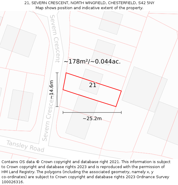 21, SEVERN CRESCENT, NORTH WINGFIELD, CHESTERFIELD, S42 5NY: Plot and title map