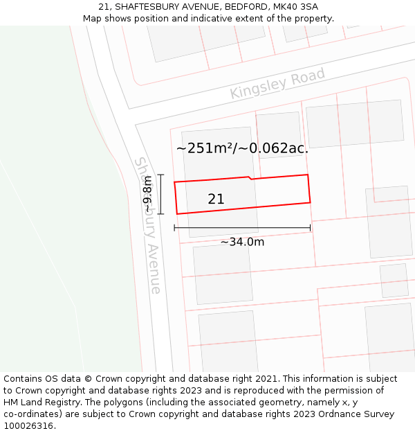 21, SHAFTESBURY AVENUE, BEDFORD, MK40 3SA: Plot and title map