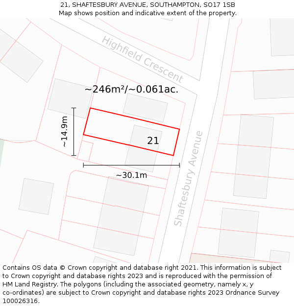 21, SHAFTESBURY AVENUE, SOUTHAMPTON, SO17 1SB: Plot and title map