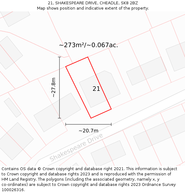 21, SHAKESPEARE DRIVE, CHEADLE, SK8 2BZ: Plot and title map