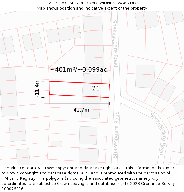 21, SHAKESPEARE ROAD, WIDNES, WA8 7DD: Plot and title map