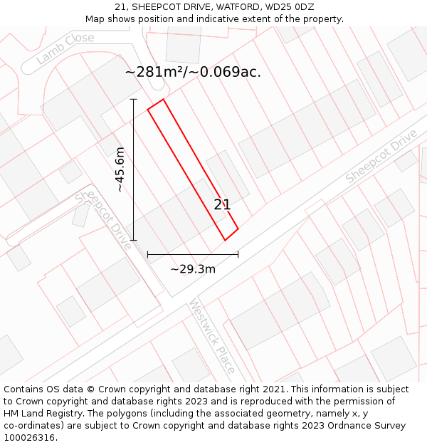 21, SHEEPCOT DRIVE, WATFORD, WD25 0DZ: Plot and title map