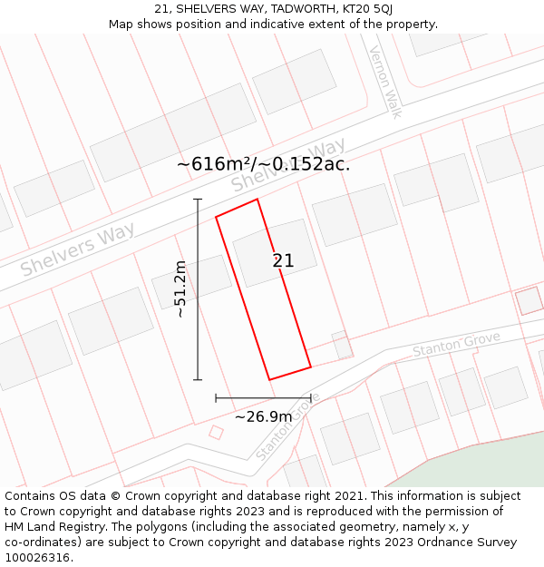 21, SHELVERS WAY, TADWORTH, KT20 5QJ: Plot and title map