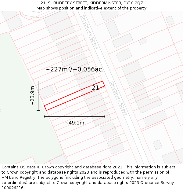 21, SHRUBBERY STREET, KIDDERMINSTER, DY10 2QZ: Plot and title map