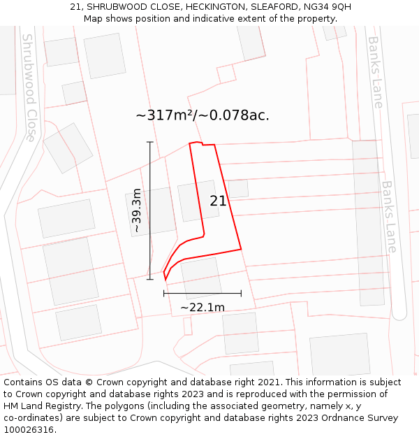 21, SHRUBWOOD CLOSE, HECKINGTON, SLEAFORD, NG34 9QH: Plot and title map