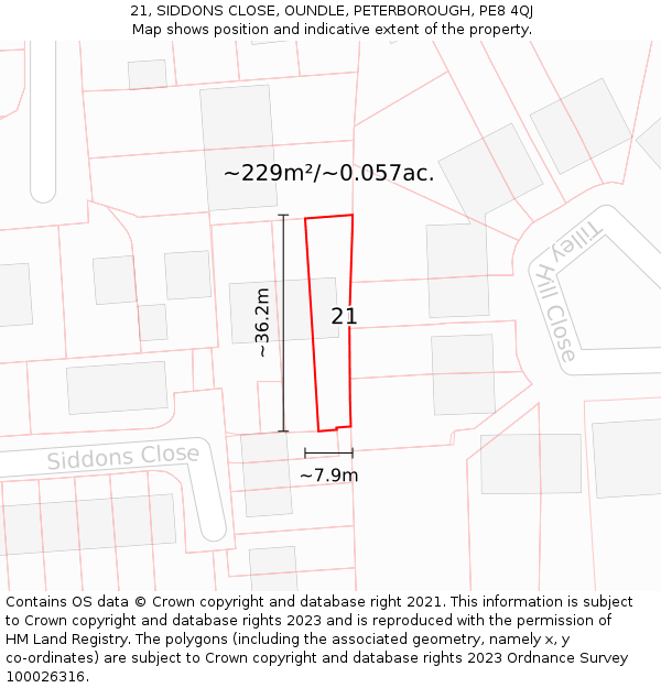 21, SIDDONS CLOSE, OUNDLE, PETERBOROUGH, PE8 4QJ: Plot and title map