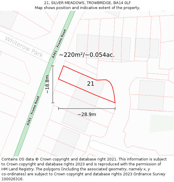 21, SILVER MEADOWS, TROWBRIDGE, BA14 0LF: Plot and title map