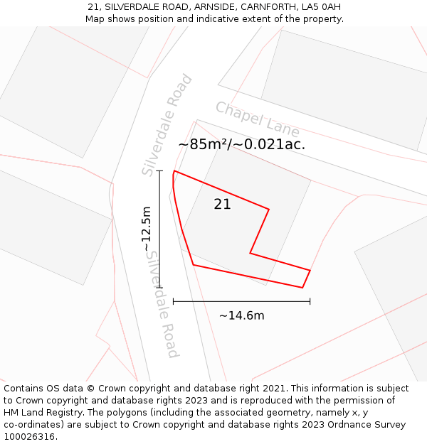 21, SILVERDALE ROAD, ARNSIDE, CARNFORTH, LA5 0AH: Plot and title map