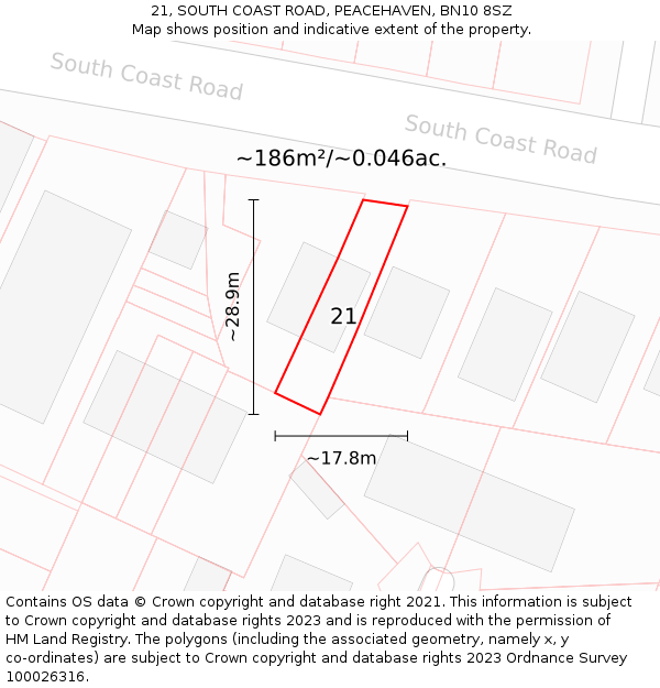 21, SOUTH COAST ROAD, PEACEHAVEN, BN10 8SZ: Plot and title map